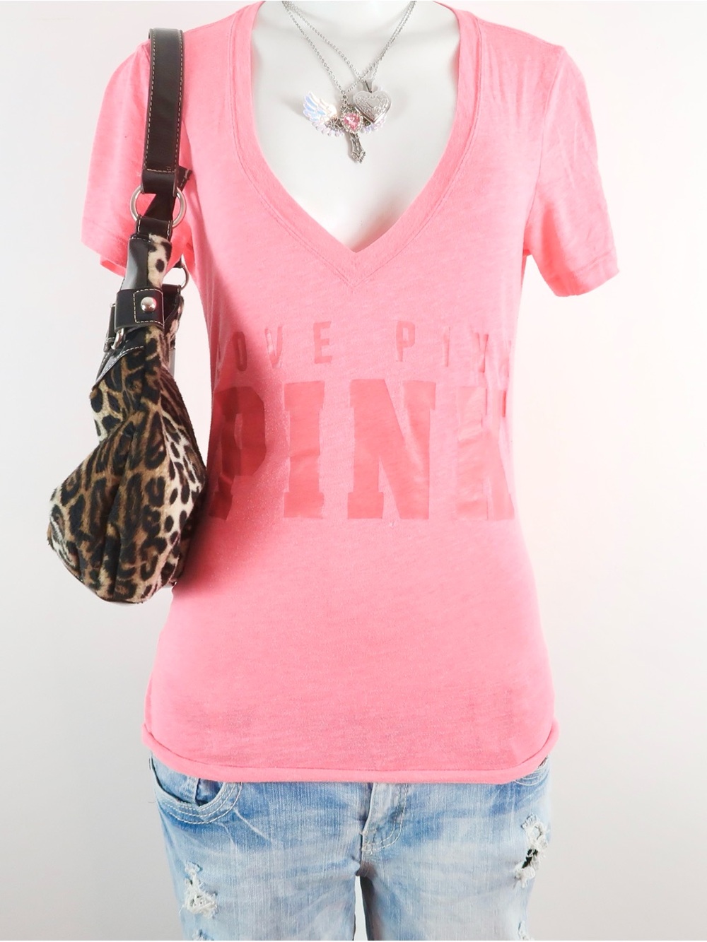 PINK Victoria's Secret Coral Pink V-Neck Logo Tee